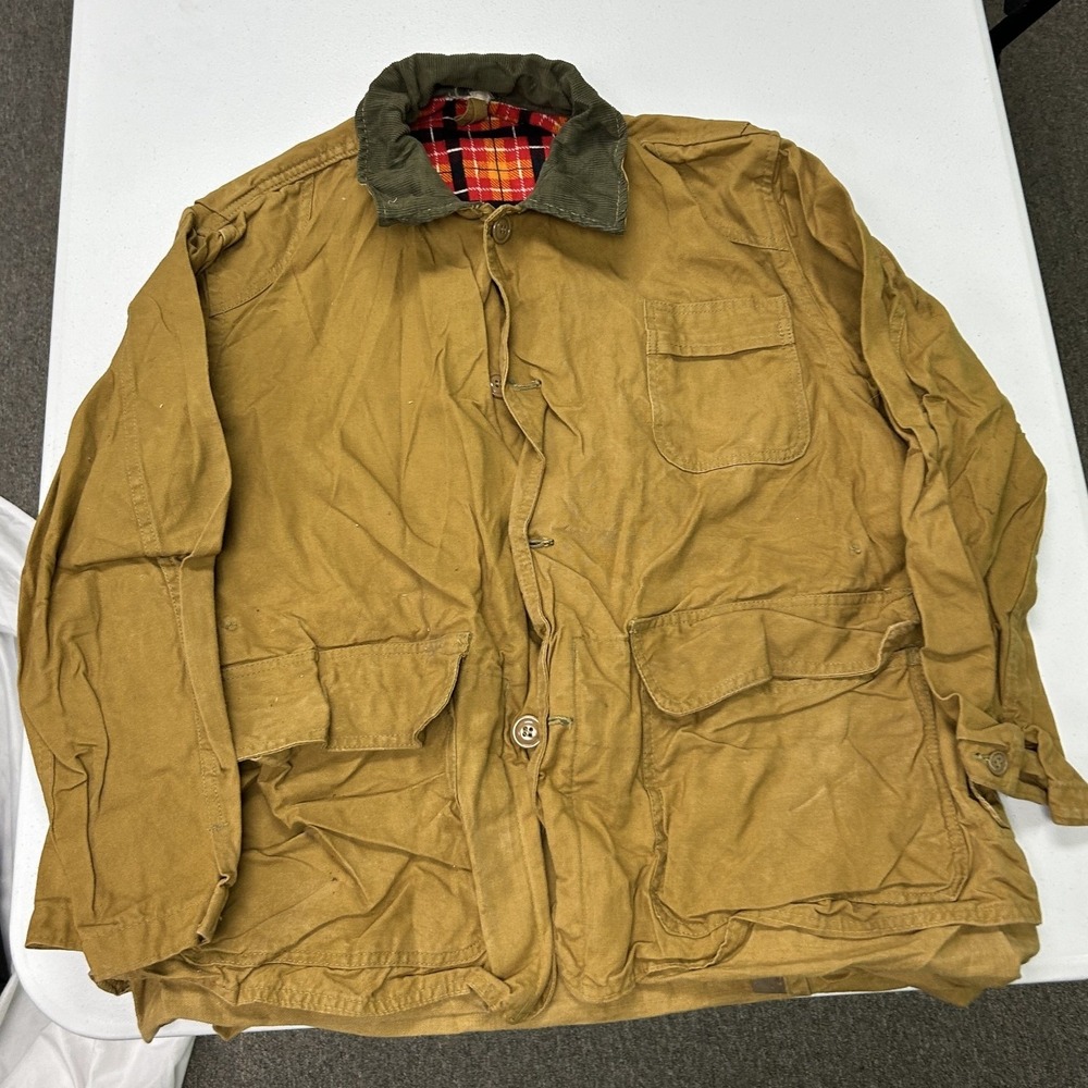 Unbranded Hunting Jacket Mens M Tan Canvas Plaid Lined Field Coat Distressed